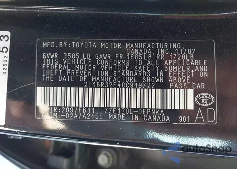 2008 Toyota Corolla Le z USA, uszkodzony, nr VIN 2T1BR32E48C919722